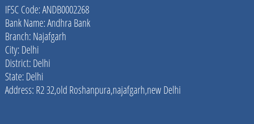 Andhra Bank Najafgarh Branch Delhi IFSC Code ANDB0002268