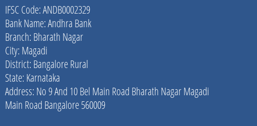 Andhra Bank Bharath Nagar Branch Bangalore Rural IFSC Code ANDB0002329