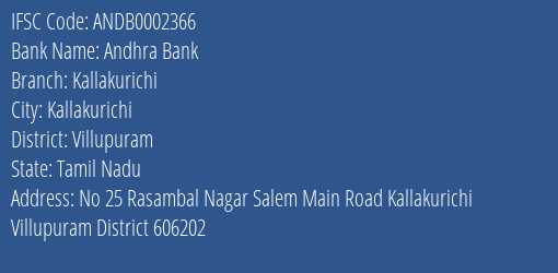 Andhra Bank Kallakurichi Branch Villupuram IFSC Code ANDB0002366