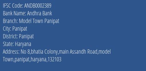 Andhra Bank Model Town Panipat Branch Panipat IFSC Code ANDB0002389