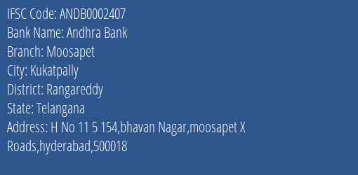 Andhra Bank Moosapet Branch Rangareddy IFSC Code ANDB0002407