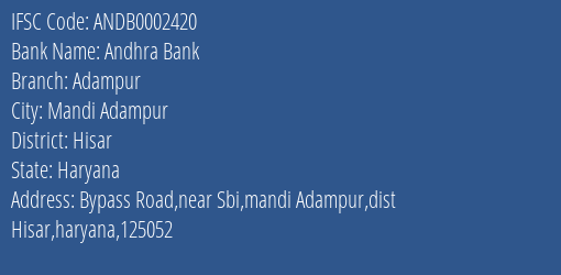 Andhra Bank Adampur Branch Hisar IFSC Code ANDB0002420