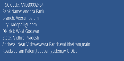 Andhra Bank Veerampalem Branch West Godavari IFSC Code ANDB0002434