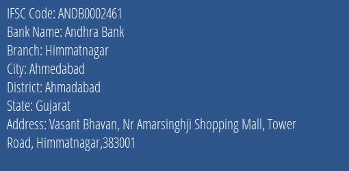 Andhra Bank Himmatnagar Branch, Branch Code 002461 & IFSC Code Andb0002461