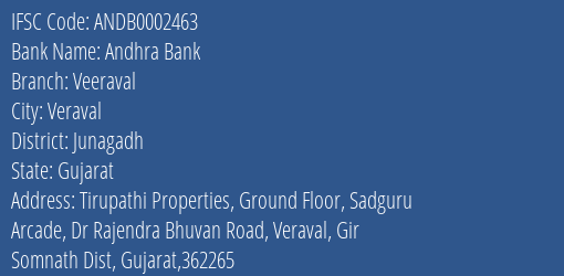 Andhra Bank Veeraval Branch, Branch Code 002463 & IFSC Code Andb0002463