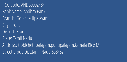 Andhra Bank Gobichettipalayam Branch Erode IFSC Code ANDB0002484
