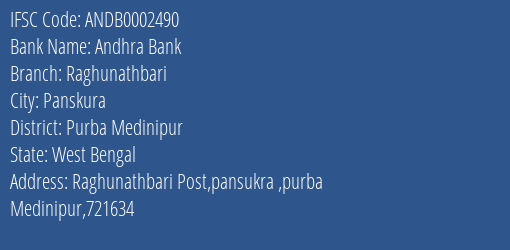 Andhra Bank Raghunathbari Branch, Branch Code 002490 & IFSC Code ANDB0002490