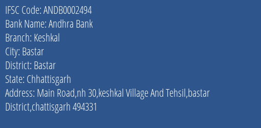 Andhra Bank Keshkal Branch, Branch Code 002494 & IFSC Code ANDB0002494