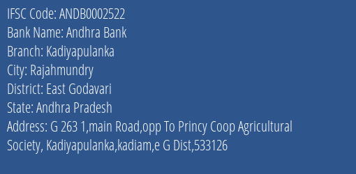 Andhra Bank Kadiyapulanka Branch East Godavari IFSC Code ANDB0002522