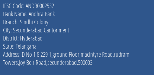 Andhra Bank Sindhi Colony Branch Hyderabad IFSC Code ANDB0002532