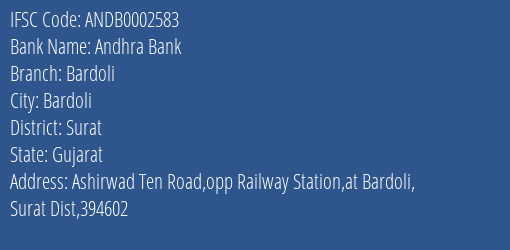 Andhra Bank Bardoli Branch, Branch Code 002583 & IFSC Code Andb0002583