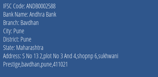 Andhra Bank Bavdhan Branch Pune IFSC Code ANDB0002588
