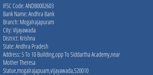 Andhra Bank Mogalrajapuram Branch Krishna IFSC Code ANDB0002603