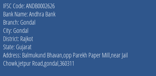 Andhra Bank Gondal Branch Rajkot IFSC Code ANDB0002626