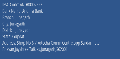 Andhra Bank Junagarh Branch Junagadh IFSC Code ANDB0002627