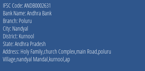 Andhra Bank Poluru Branch Kurnool IFSC Code ANDB0002631