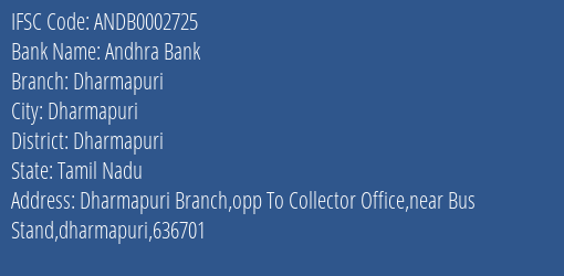 Andhra Bank Dharmapuri Branch, Branch Code 002725 & IFSC Code ANDB0002725