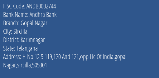 Andhra Bank Gopal Nagar Branch Karimnagar IFSC Code ANDB0002744
