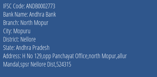 Andhra Bank North Mopur Branch Nellore IFSC Code ANDB0002773