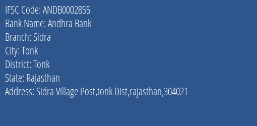 Andhra Bank Sidra Branch Tonk IFSC Code ANDB0002855