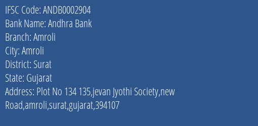 Andhra Bank Amroli Branch, Branch Code 002904 & IFSC Code Andb0002904