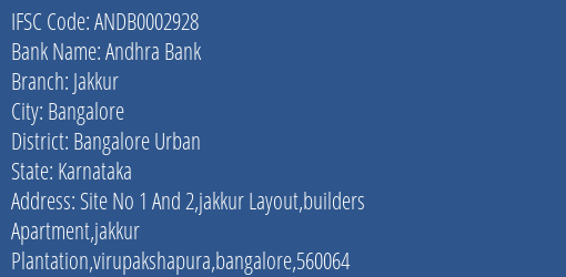 Andhra Bank Jakkur Branch Bangalore Urban IFSC Code ANDB0002928