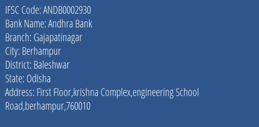 Andhra Bank Gajapatinagar Branch Baleshwar IFSC Code ANDB0002930