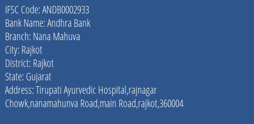 Andhra Bank Nana Mahuva Branch, Branch Code 002933 & IFSC Code Andb0002933