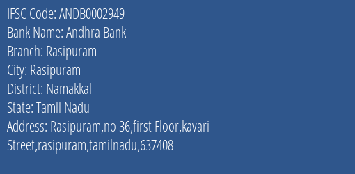 Andhra Bank Rasipuram Branch Namakkal IFSC Code ANDB0002949