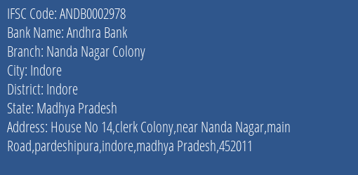 Andhra Bank Nanda Nagar Colony Branch Indore IFSC Code ANDB0002978