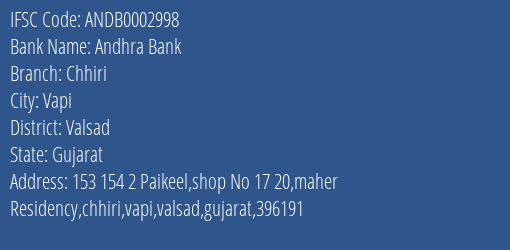 Andhra Bank Chhiri Branch Valsad IFSC Code ANDB0002998