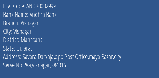 Andhra Bank Visnagar Branch, Branch Code 002999 & IFSC Code Andb0002999