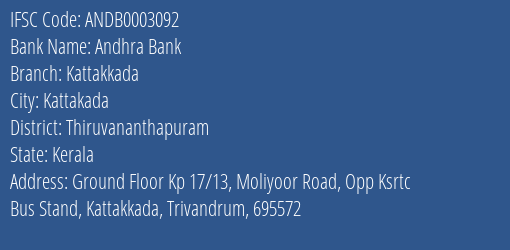 Andhra Bank Kattakkada Branch Thiruvananthapuram IFSC Code ANDB0003092