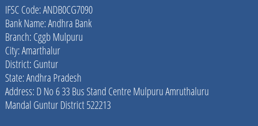 Andhra Bank Cggb Mulpuru Branch Guntur IFSC Code ANDB0CG7090