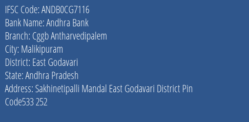 Chaitanya Godavari Grameena Bank Antharvedipalem Branch East Godavari IFSC Code ANDB0CG7116