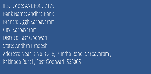 Chaitanya Godavari Grameena Bank Sarpavaram Branch East Godavari IFSC Code ANDB0CG7179