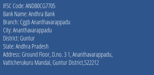 Andhra Bank Cggb Ananthavarappadu Branch Guntur IFSC Code ANDB0CG7705