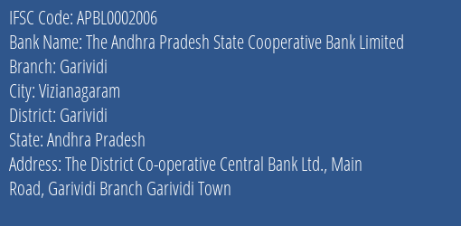 The Andhra Pradesh State Cooperative Bank Limited Garividi Branch, Branch Code 002006 & IFSC Code APBL0002006