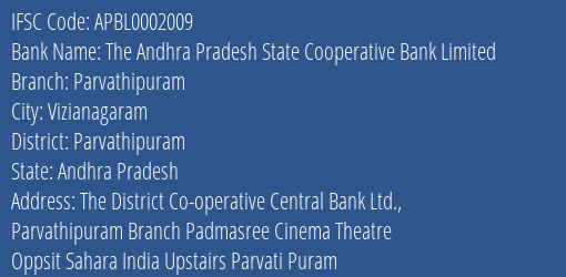 The Andhra Pradesh State Cooperative Bank Limited Parvathipuram Branch, Branch Code 002009 & IFSC Code Apbl0002009