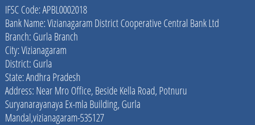 Vizianagaram District Cooperative Central Bank Ltd Gurla Branch Branch, Branch Code 002018 & IFSC Code Apbl0002018