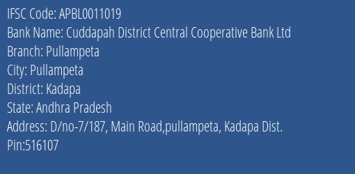 The Andhra Pradesh State Cooperative Bank Pullampet Branch Pullampet IFSC Code APBL0011019