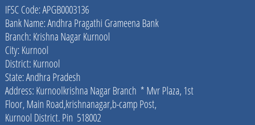 Andhra Pragathi Grameena Bank Krishna Nagar Kurnool Branch, Branch Code 003136 & IFSC Code Apgb0003136