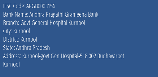 Andhra Pragathi Grameena Bank Govt General Hospital Kurnool Branch Kurnool IFSC Code APGB0003156