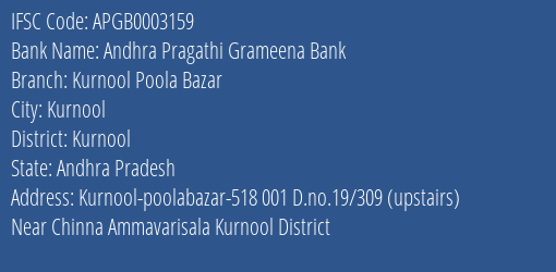 Andhra Pragathi Grameena Bank Kurnool Poola Bazar Branch, Branch Code 003159 & IFSC Code Apgb0003159