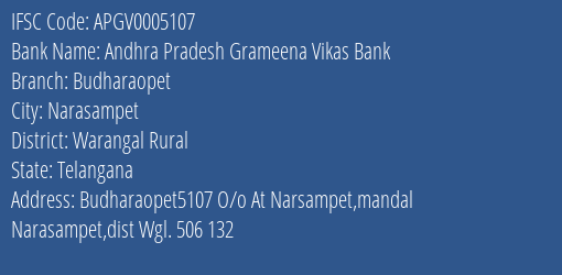 Andhra Pradesh Grameena Vikas Bank Budharaopet Branch, Branch Code 005107 & IFSC Code APGV0005107