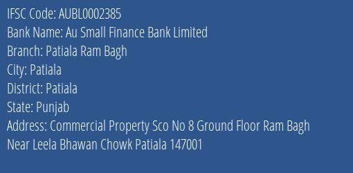 Au Small Finance Bank Limited Patiala Ram Bagh Branch, Branch Code 002385 & IFSC Code AUBL0002385