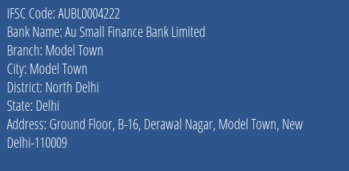 Au Small Finance Bank Limited Model Town Branch, Branch Code 004222 & IFSC Code AUBL0004222