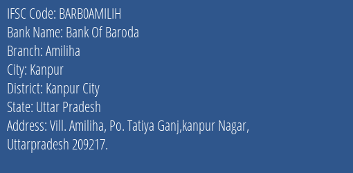 Bank Of Baroda Amiliha Branch, Branch Code AMILIH & IFSC Code BARB0AMILIH