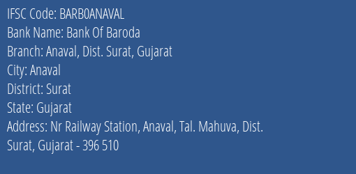 Bank Of Baroda Anaval Dist. Surat Gujarat Branch, Branch Code ANAVAL & IFSC Code Barb0anaval