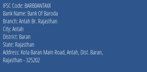 Bank Of Baroda Antah Br. Rajasthan Branch Baran IFSC Code BARB0ANTAXX